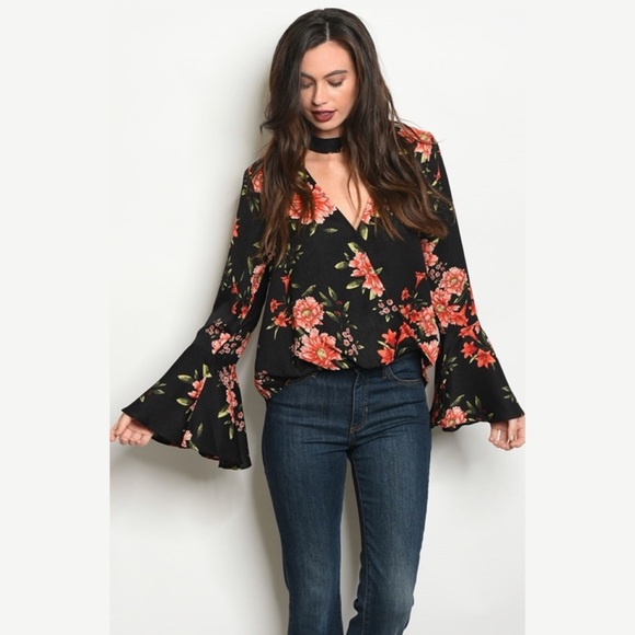 ✨1 LEFT✨Black Floral Bell Sleeve Choker Neck Top!! - Picture 3 of 5